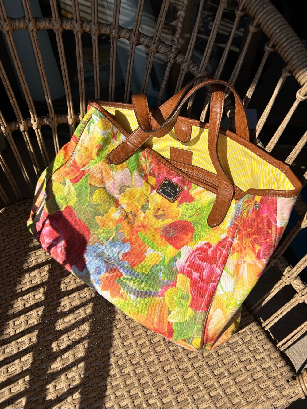 Ralph Lauren Floral Canvas Purse / Tote Bag with Brown Trim